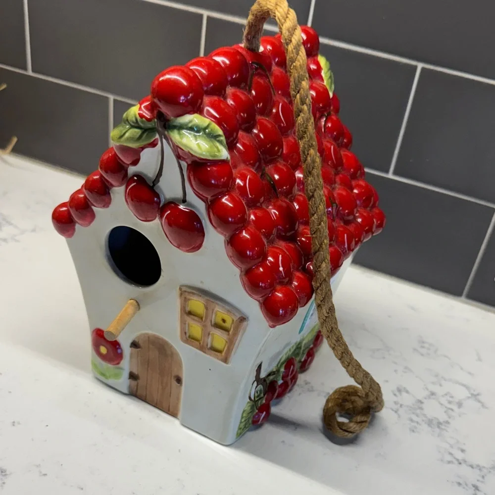 Red Cherry Birdhouse with Rope Hanger